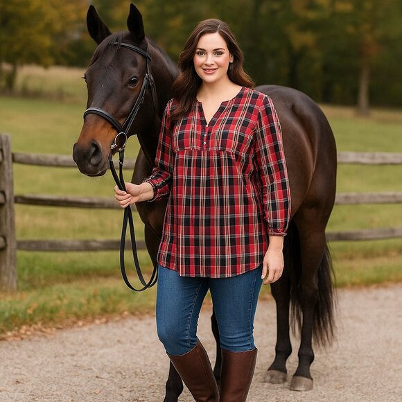 Bit & Bridle Equestrian Babydoll Plaid Pintuck Peasant Top Size Large - Picture 2 of 10